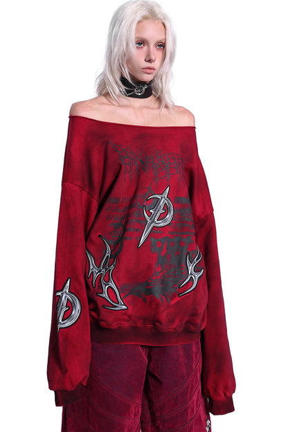 3D Embroidery Off-Shoulder Distressed Print Sweatshirt