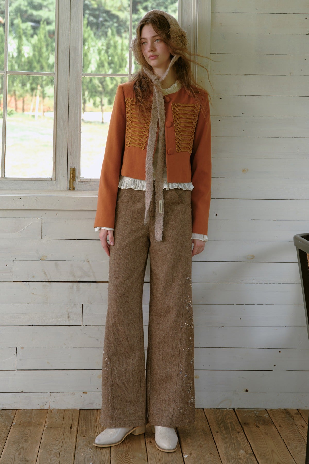 High-Waisted Loose Beaded Patchwork Wool Tweed Pants