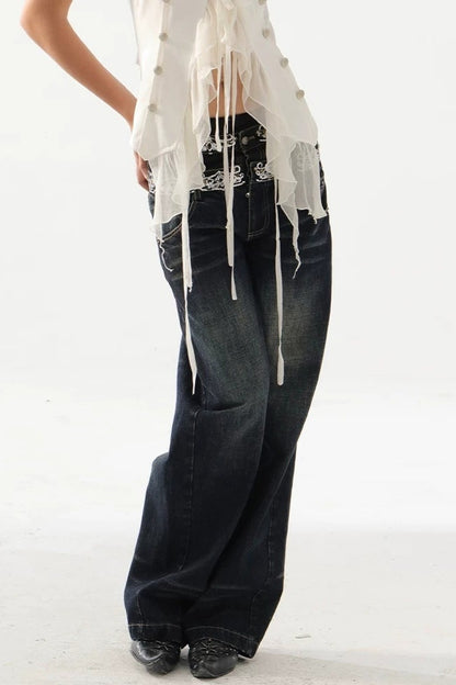 Scimitar-Cut Sequin Distressed Jeans