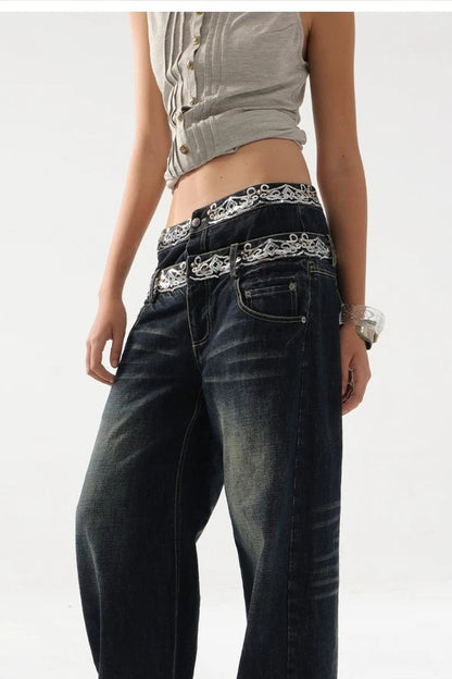 Scimitar-Cut Sequin Distressed Jeans