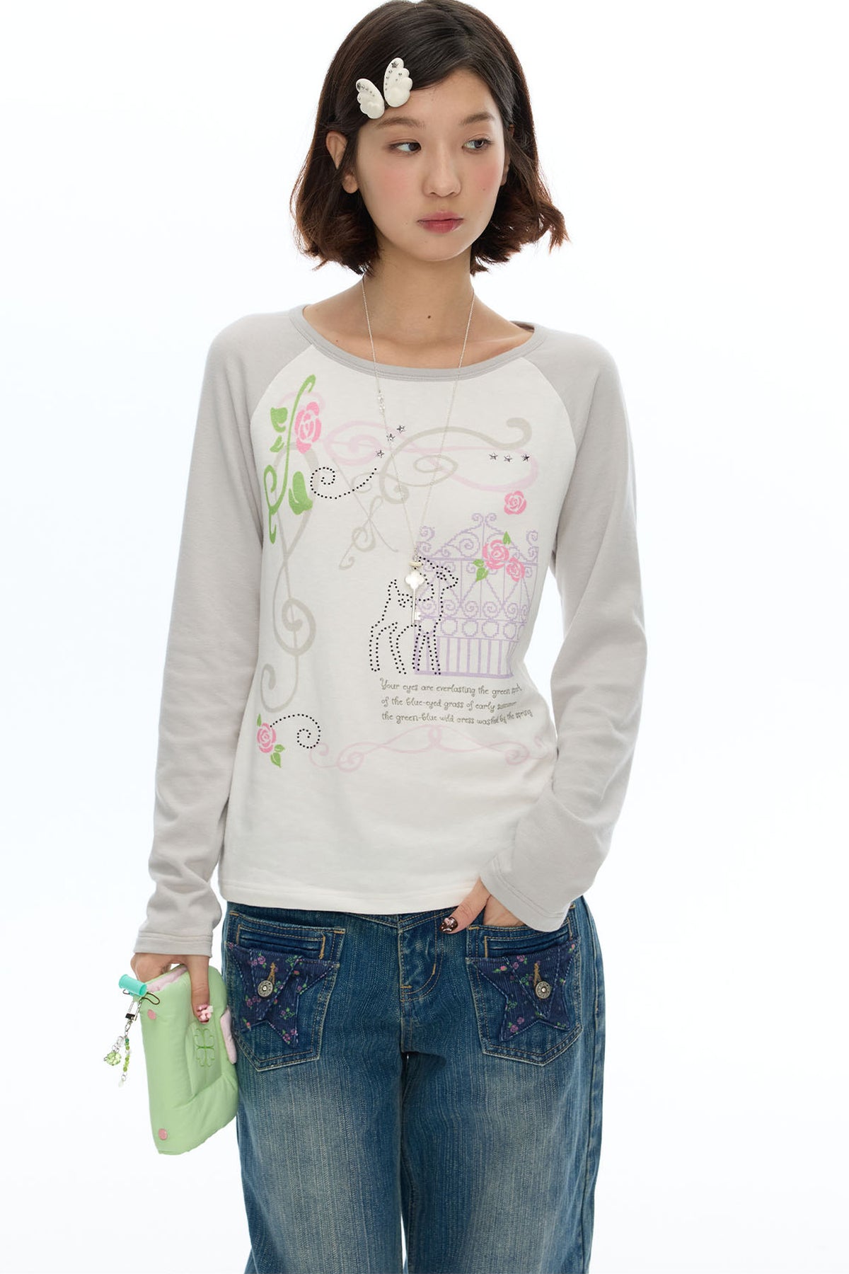 Deer Rose Print Long Sleeve Raglan Tee