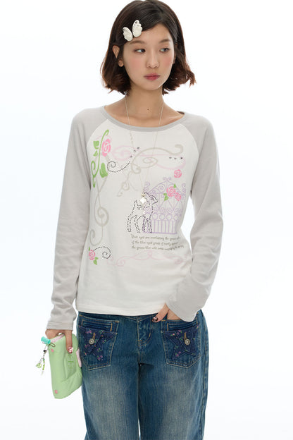 Deer Rose Print Long Sleeve Raglan Tee