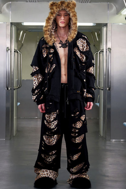 Leopard Print Ripped Double-Layer Sweatpants