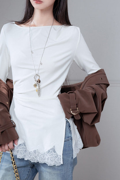 Asymmetrical Pleated Patchwork Lace Knit Top