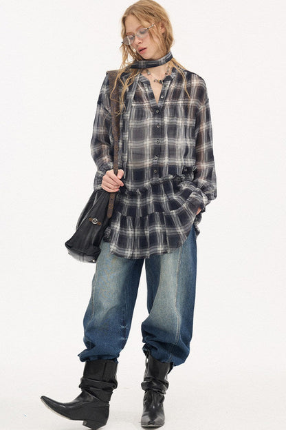 Drop Shoulder Plaid Blouse