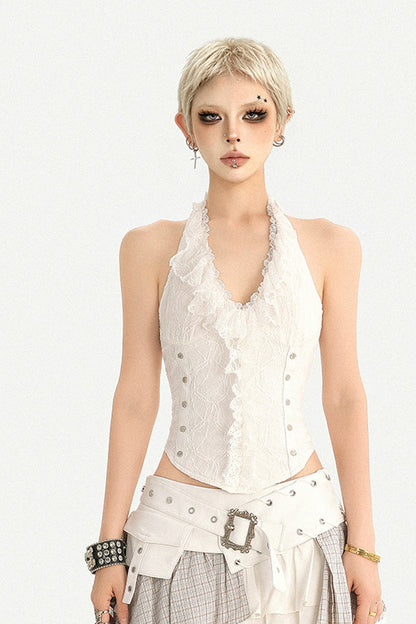 Weißes Neckholder-Spitzentop mit geraffter Taille