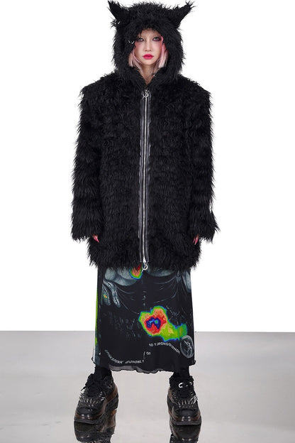 3D Cat Ears Hooded Faux Fur Jacket