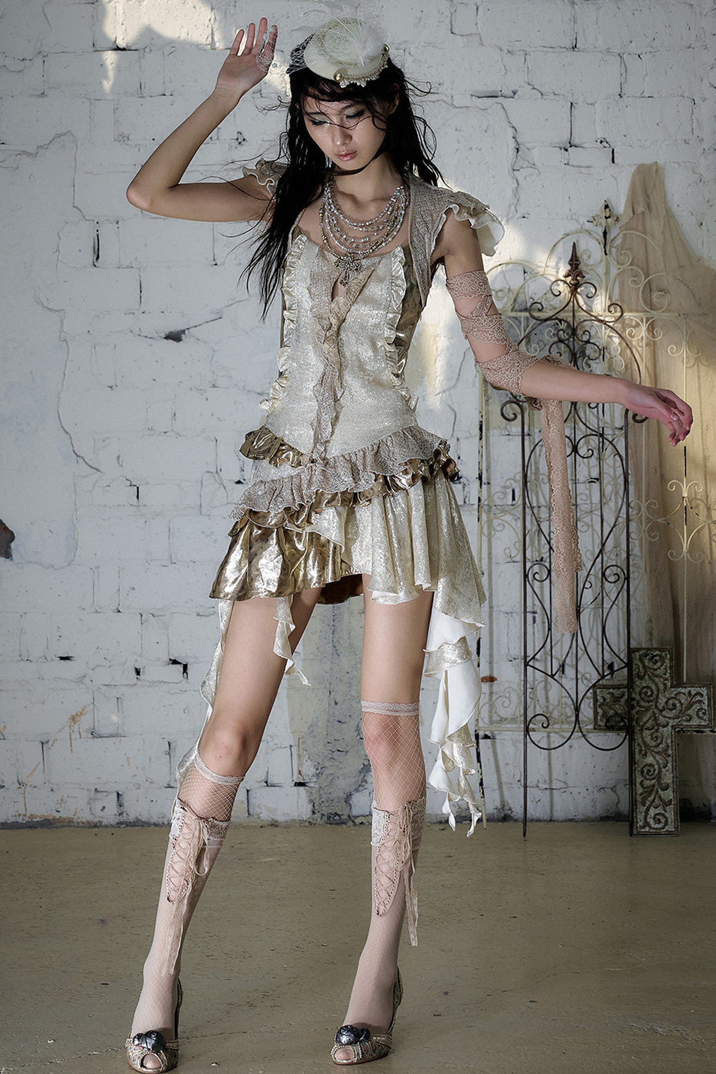 Baroque Gold Satin Ruffle Dress