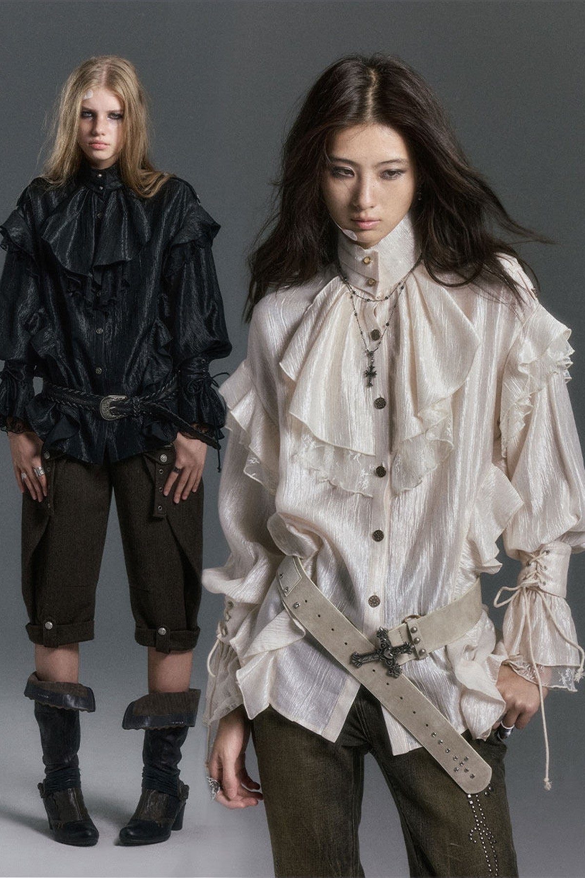 High Collar Ruffle Acetate Shirt
