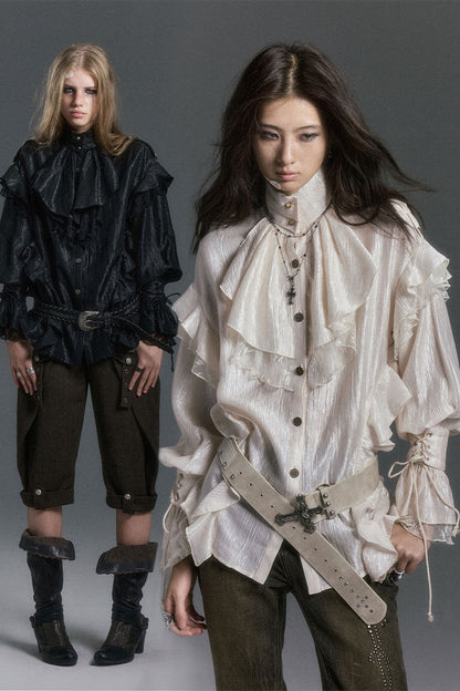 High Collar Ruffle Acetate Shirt