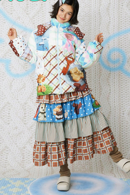 Loose Patchwork Print Hooded Jacket
