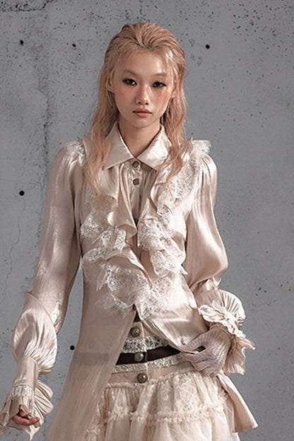 Ruffled Lace Patchwork Satin Blouse