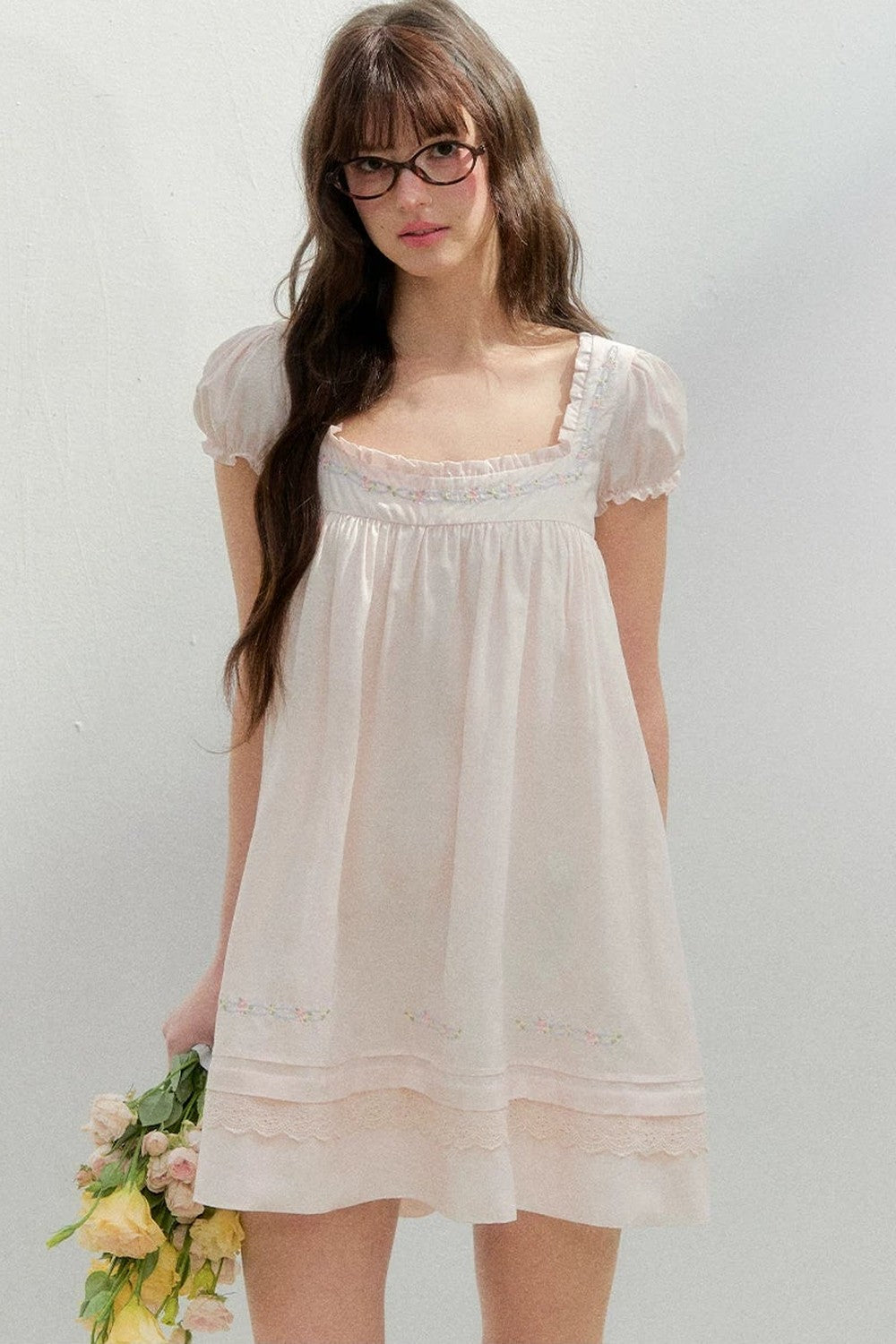 Square Neck Lace Embroidery Dress