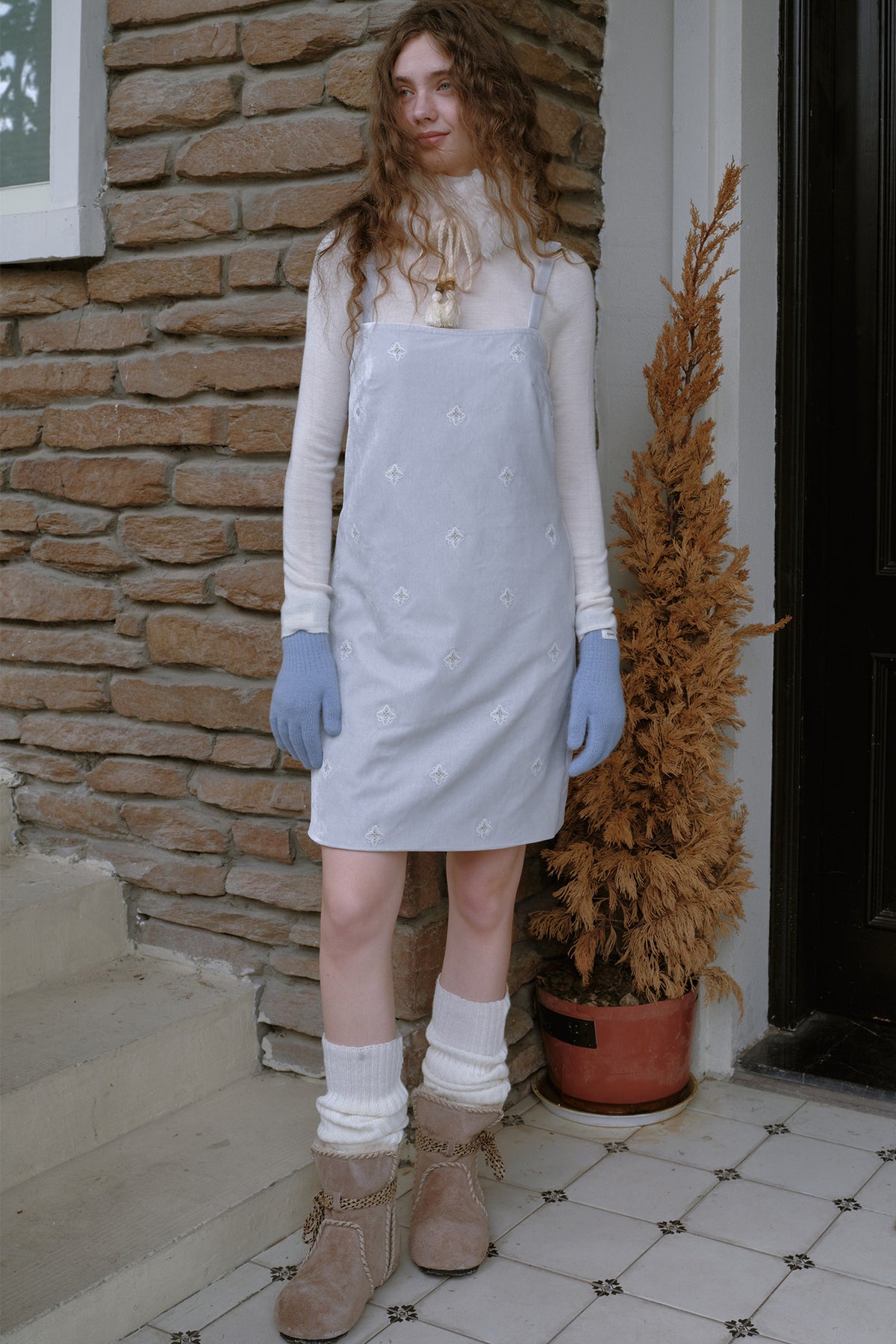 Embroidered Velvet Suspender Dress