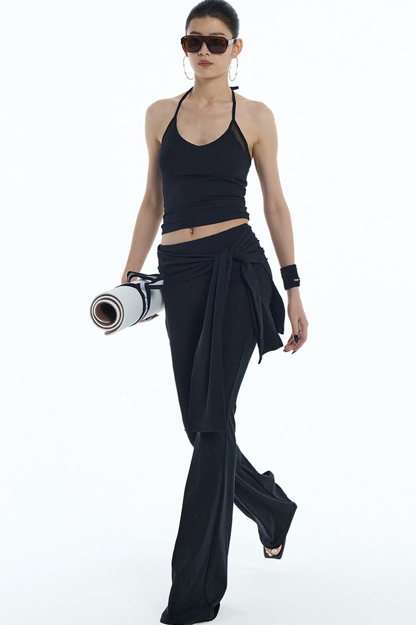 Black Mesh Halter Top And Flared Yoga Pants Set-Up