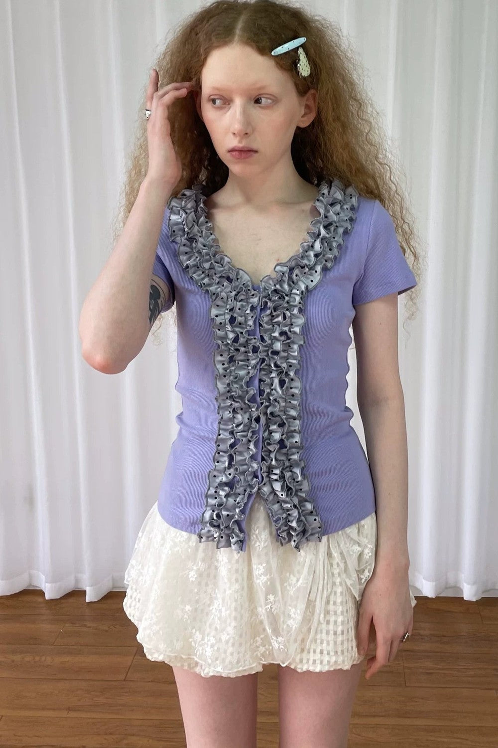 Purple Lace V-Neck Blouse