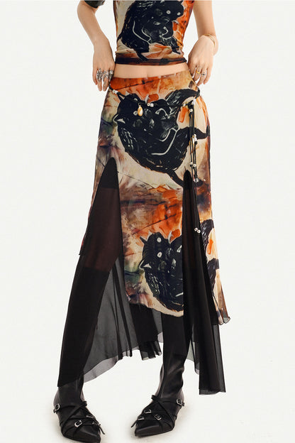 Oriental Ink Painting Print Double-Layer Mesh Tank Top Set-Up