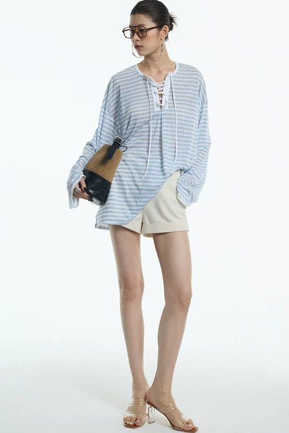 Navy Blue Tie-Neck Lyocell Top