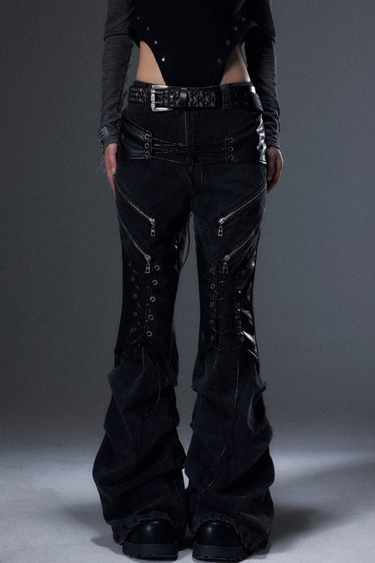 Distressed Pleated Lace-Up Denim Jeans