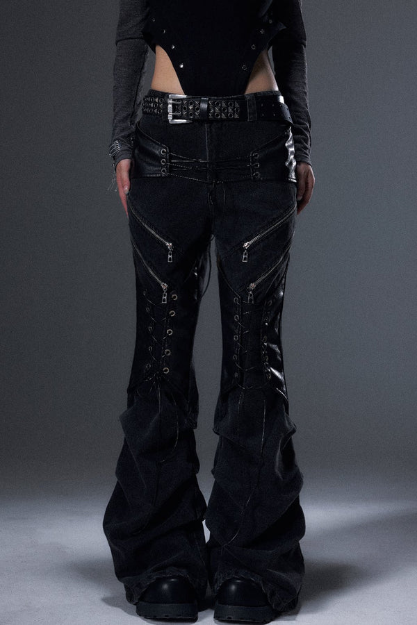 Distressed Pleated Lace-Up Denim Jeans