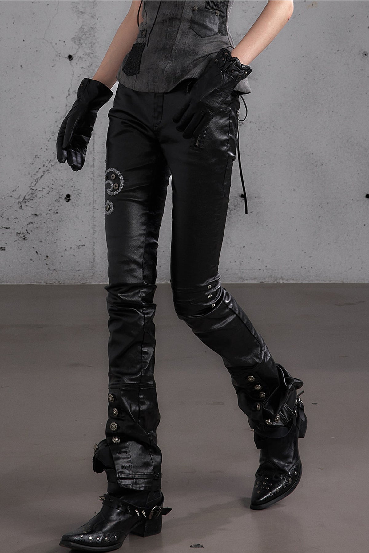 Punk Rock Embroidered Waxed Leather Pants