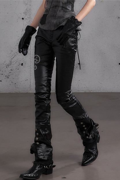 Punk Rock Embroidered Waxed Leather Pants
