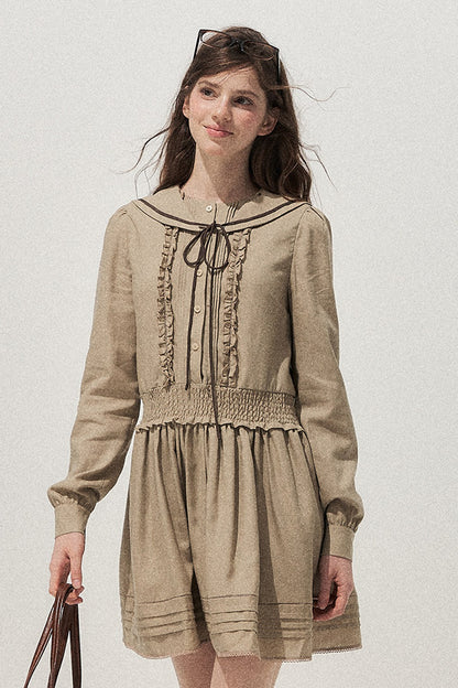 100% Lyocell Navy Collar Waist-Cinching Dress