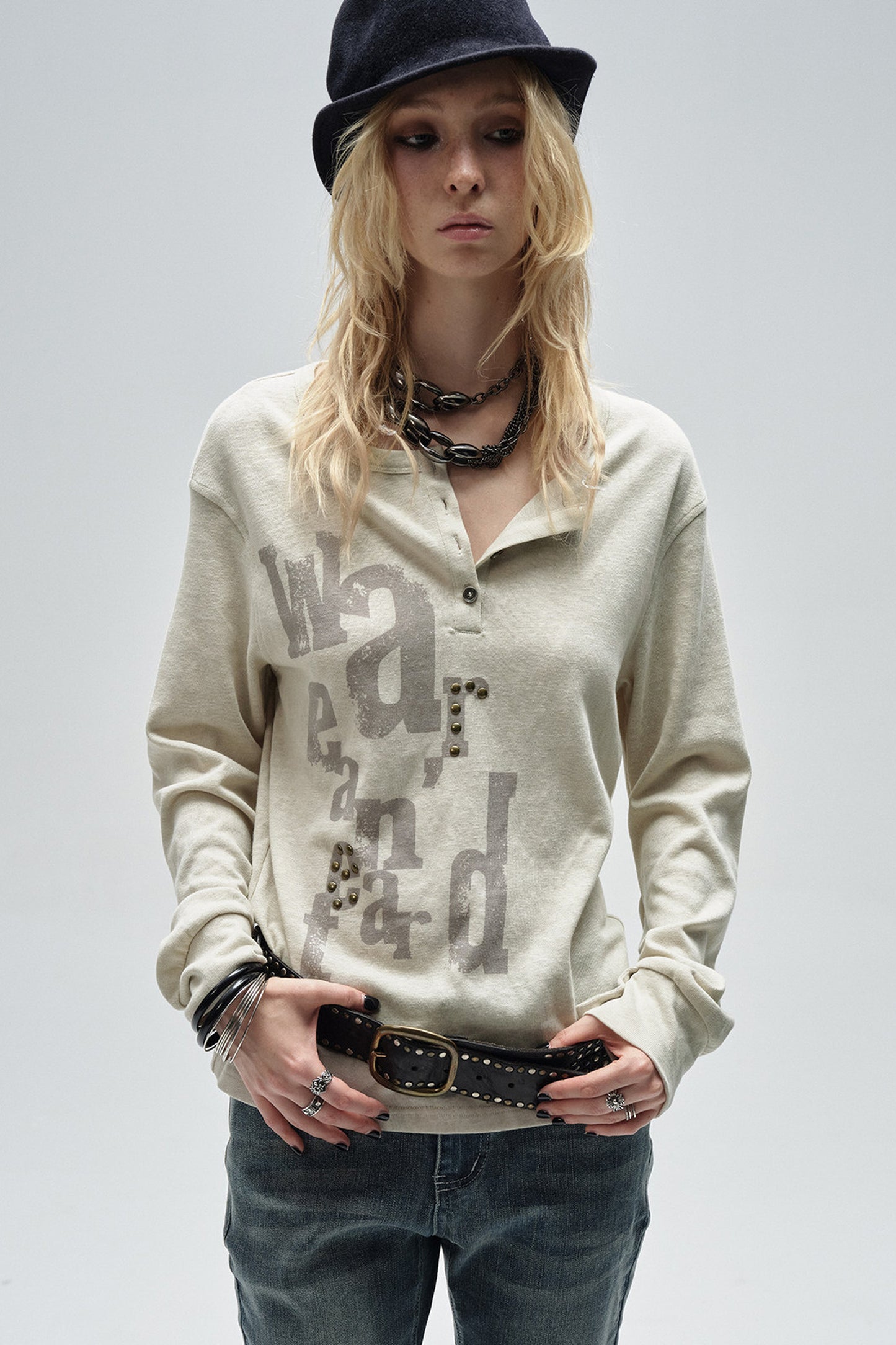 Half-Placket Printed Rhinestone Ruched Sleeve T-Shirt