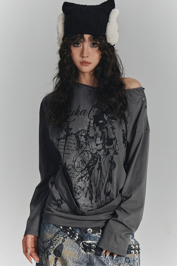 Style Printed Off-Shoulder Long-Sleeve T-shirt