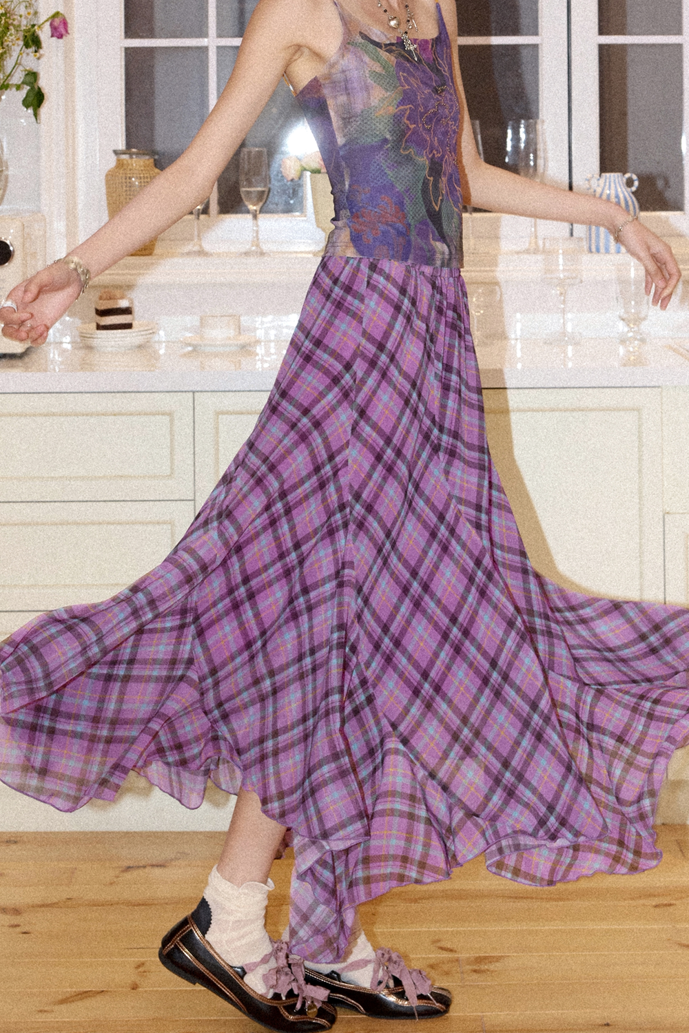 Asymmetrical Color-Block Plaid Chiffon Skirt