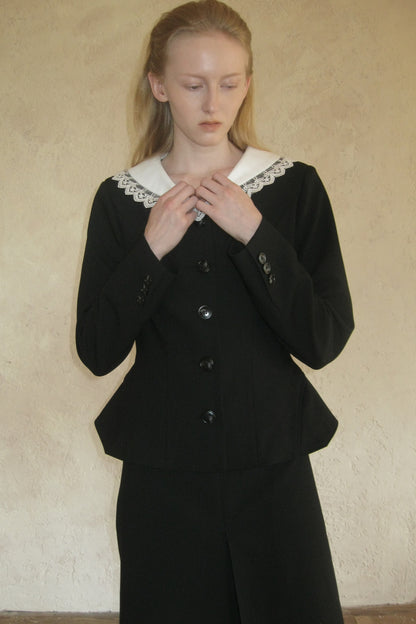 Black Lace Collar Jacket and Skirt Set-Up