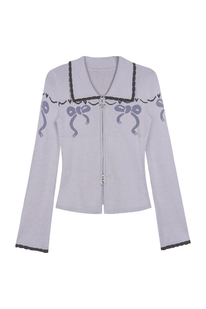 Milk Purple Bow Jacquard Turn-Down Collar Sweater