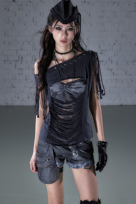 Beaded Lace Off-Shoulder T-Shirt