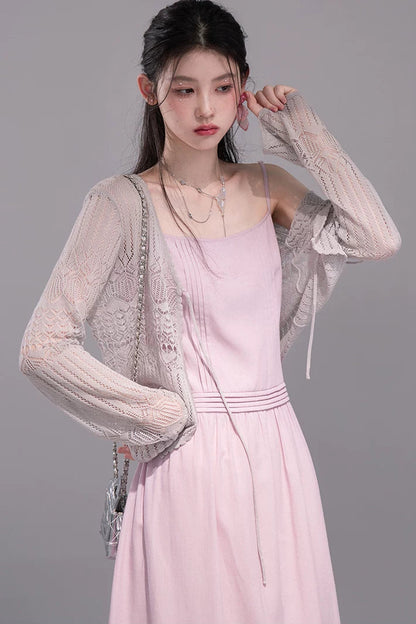 Peach Pink Crochet Dress Set