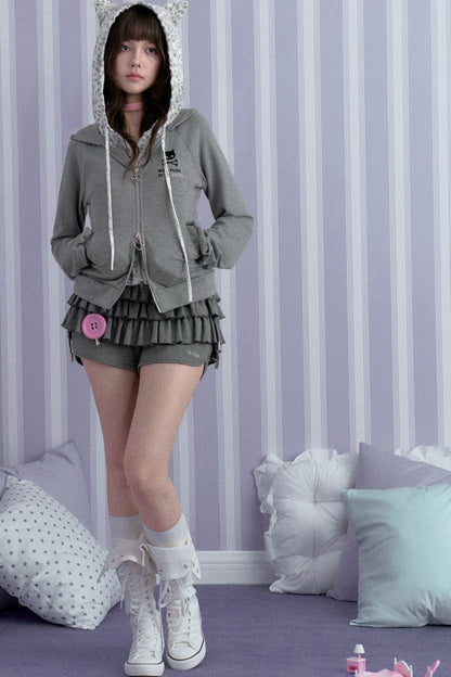 Gray Leopard Print Double-Layer Hooded Sweatshirt Jacket
