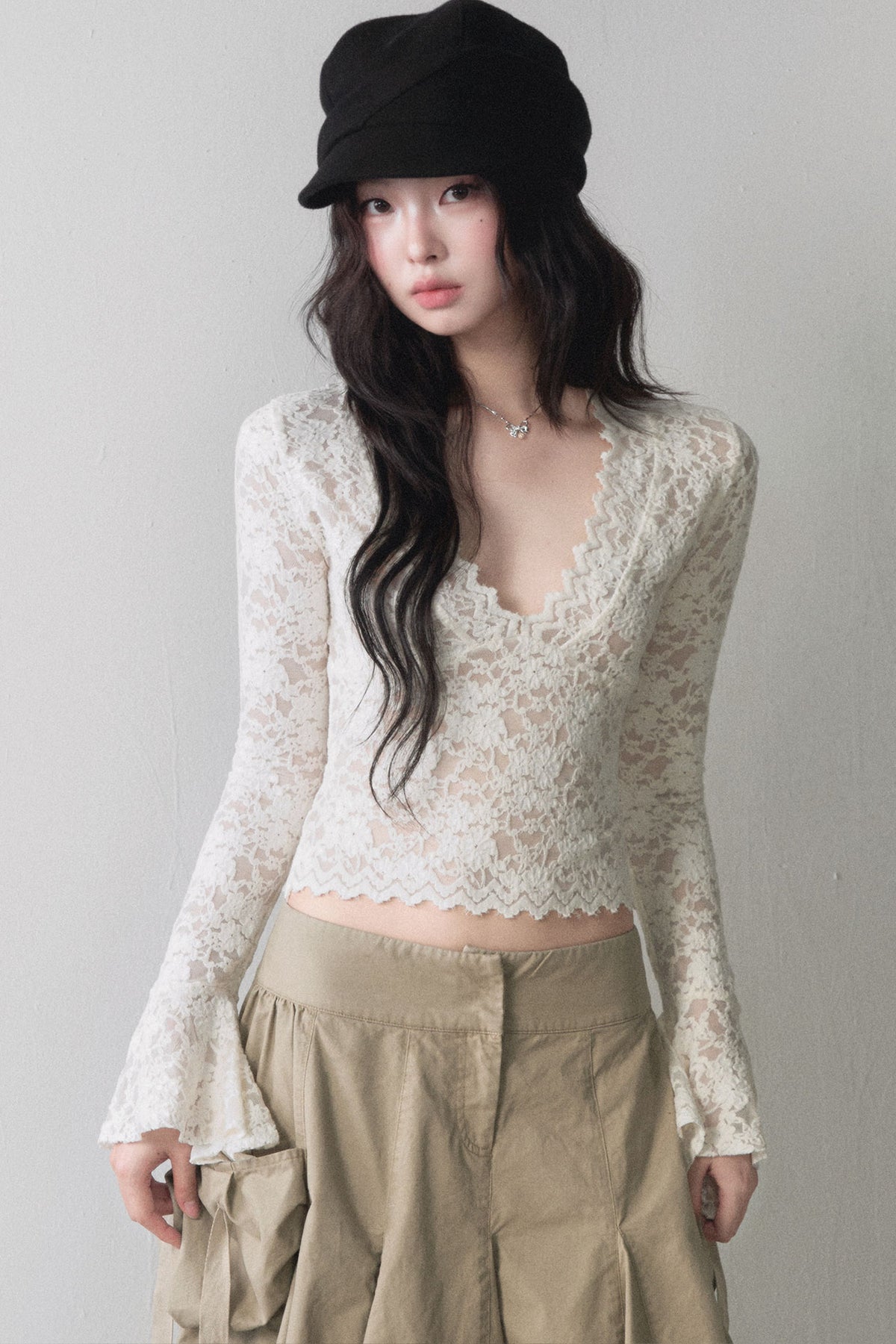 Lace V Neck Flared Sleeve Top
