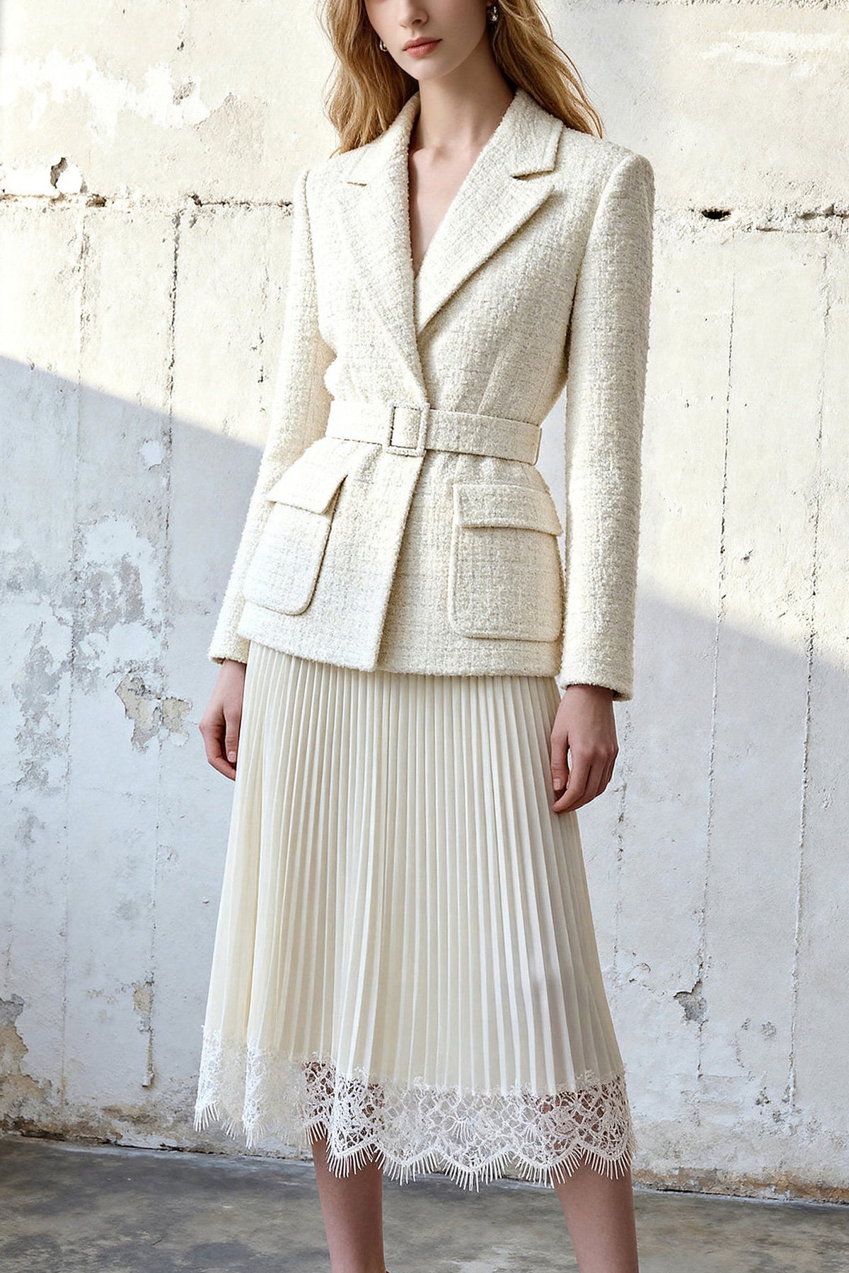 Belted Blazer Top Pleated Skirt Set
