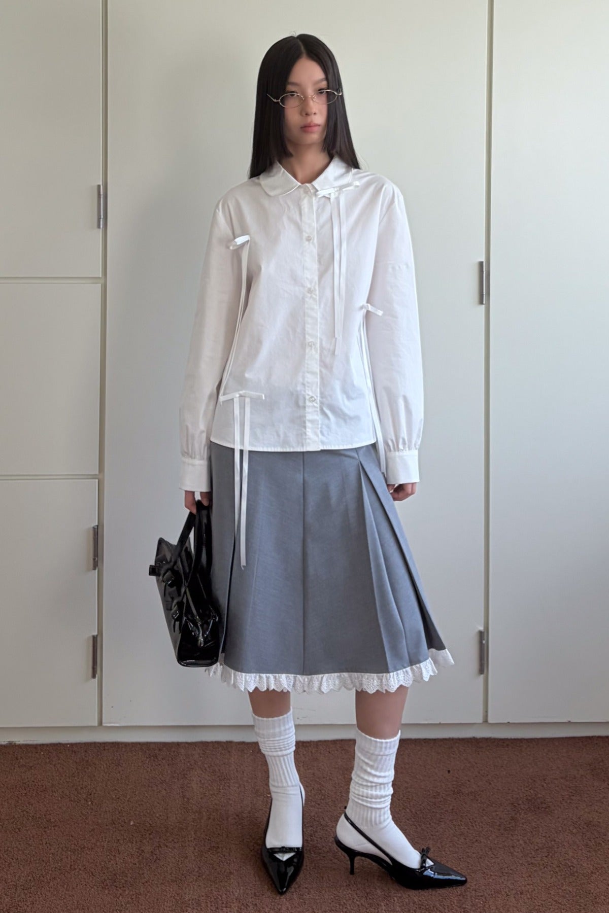 Gray Pleated Lace A-Line Skirt