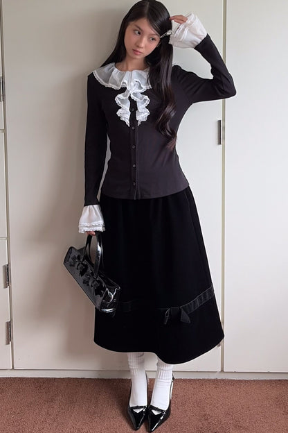 Black Velvet Bow Tie Midi Skirt