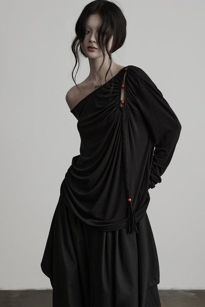 Beaded Lyocell Wool Knit Long Sleeve Top