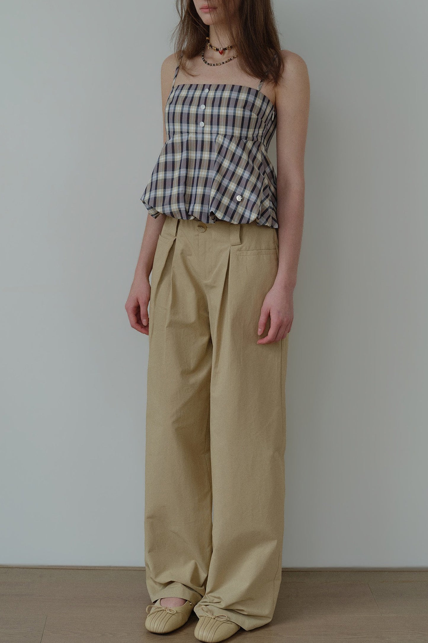 Khaki Plaid Waist Pleated Wide Leg Pants