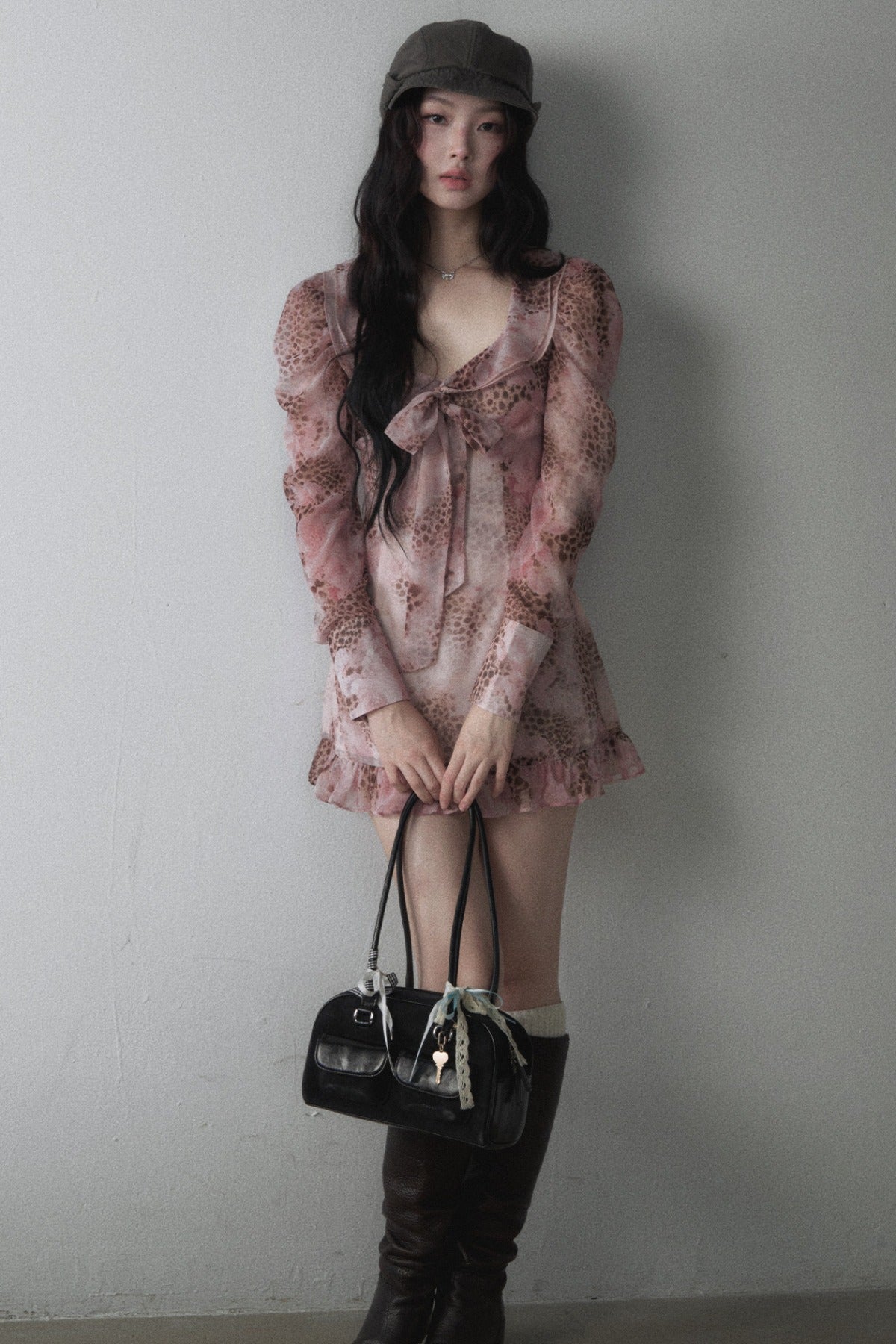 Pink Leopard Print Chiffon Bow Tie Dress