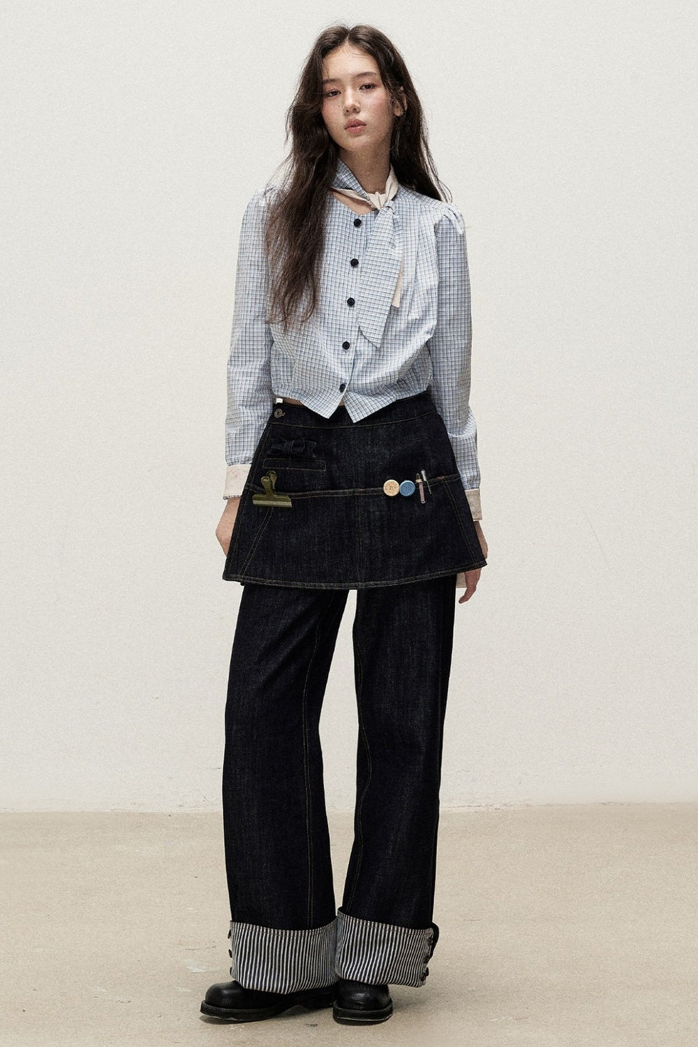 Plaid Contrast Ribbon Shirt and Skirt Set-Up