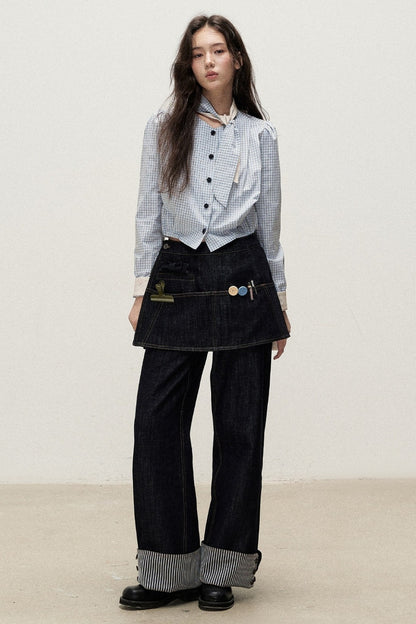 Plaid Contrast Ribbon Shirt and Skirt Set-Up