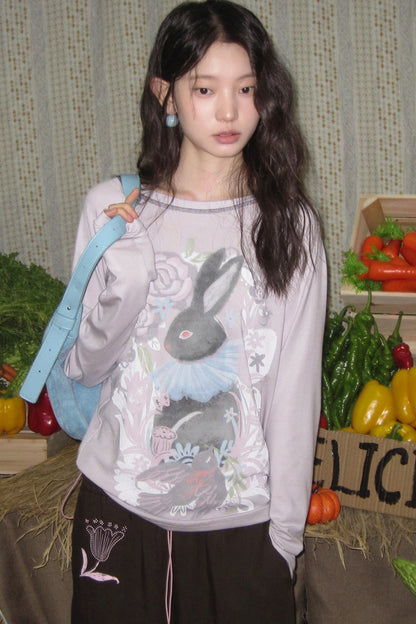 Bunny Print Tencel Long-Sleeved T-Shirt and Pants Set-Up
