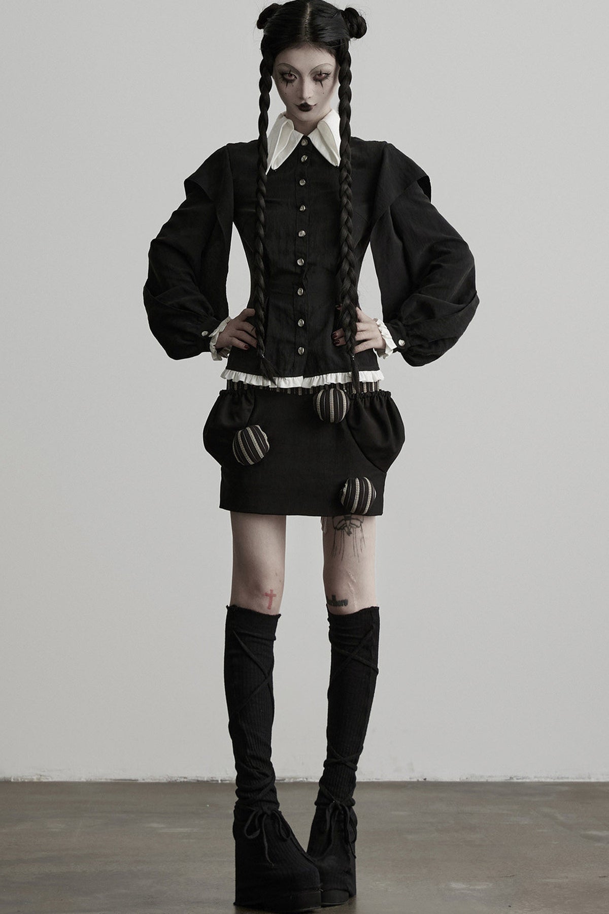High-Waisted Straight Ball-Decorated Striped Patchwork Skirt