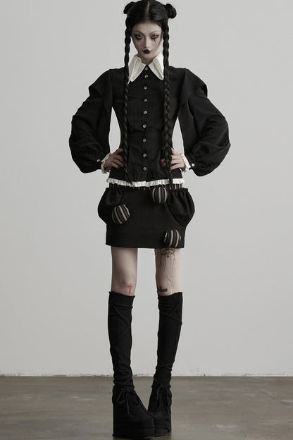 High-Waisted Straight Ball-Decorated Striped Patchwork Skirt