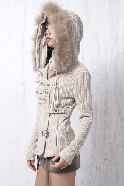 Fur Collar Hooded Slim Knit Top