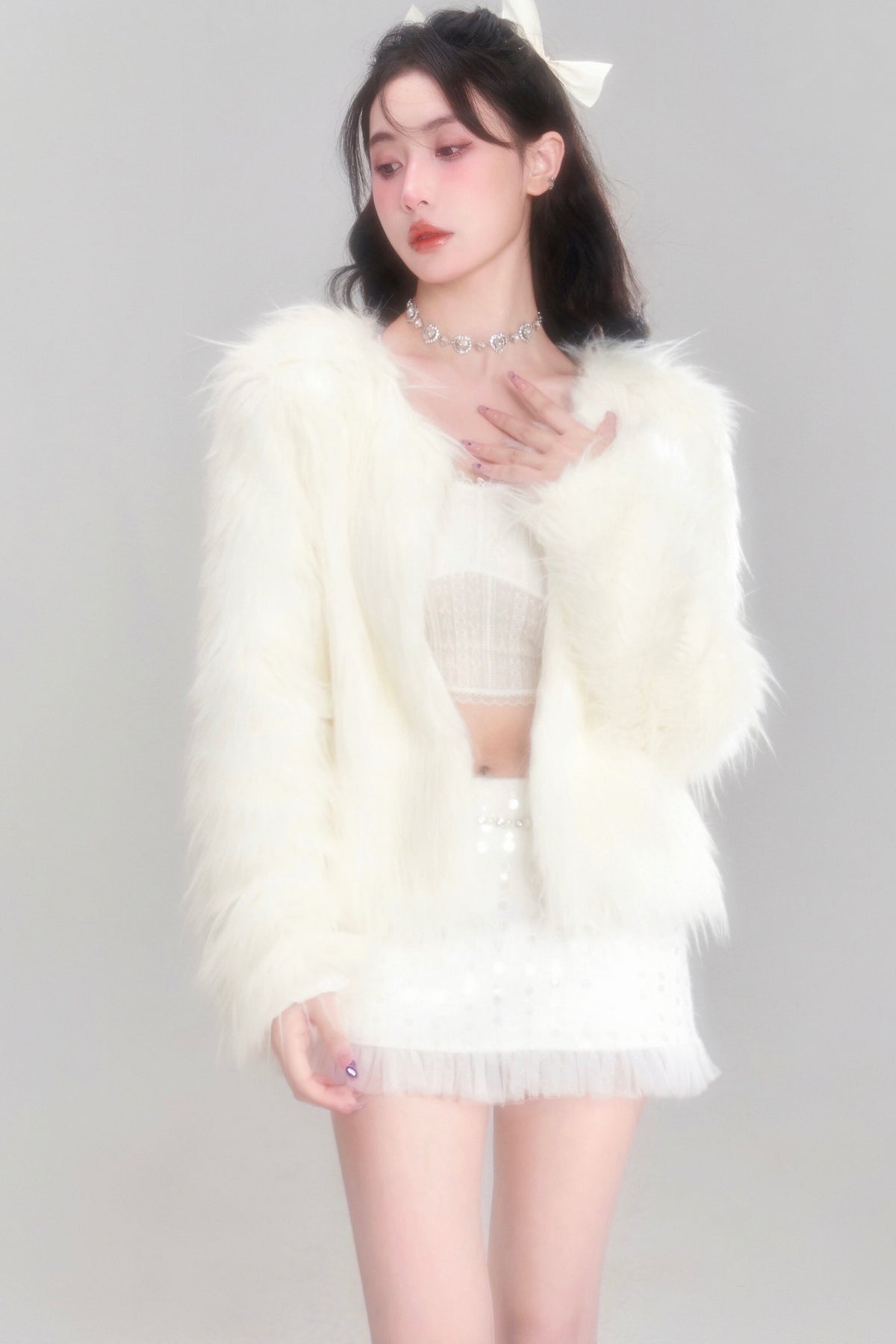 Snow Mountain Silver-White Long-Haired Fur Coat and Skirt Set-Up