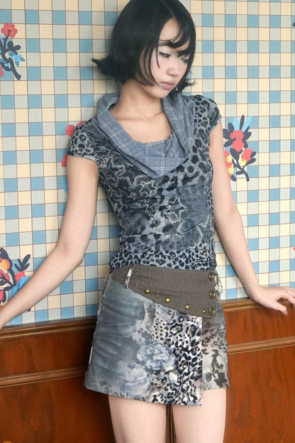Vintage Leopard Floral Stud Short Skirt